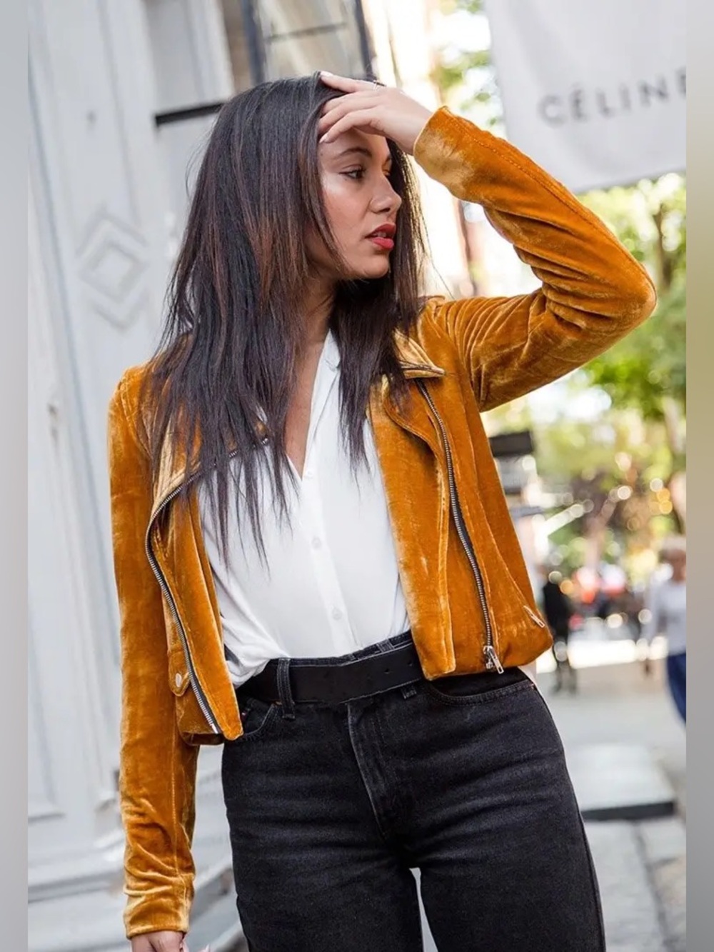 Forever 21 Velvet Moto Jacket in Mustard Yellow / Marigold